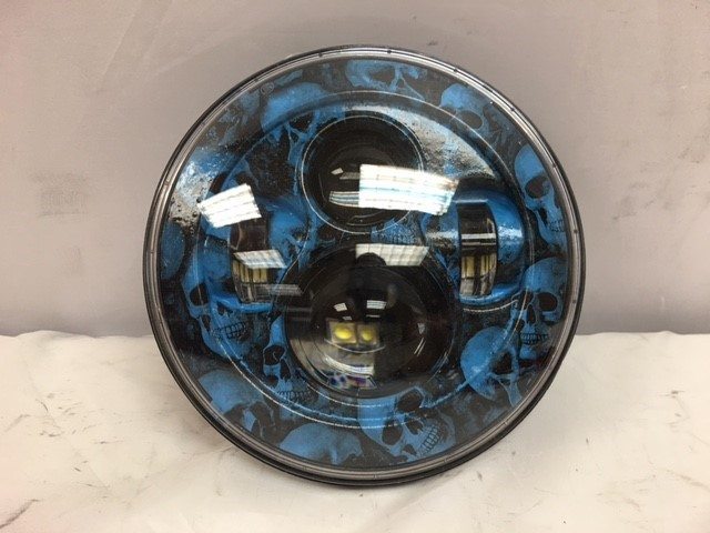 7" DAYMAKER Replacement Custom Blue Skull Design Projector HID LED Light Bulb Headlight Motorcycle Harley