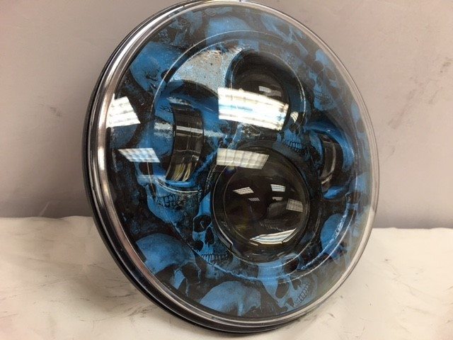 7" DAYMAKER Replacement Custom Blue Skull Design Projector HID LED Light Bulb Headlight Motorcycle Harley