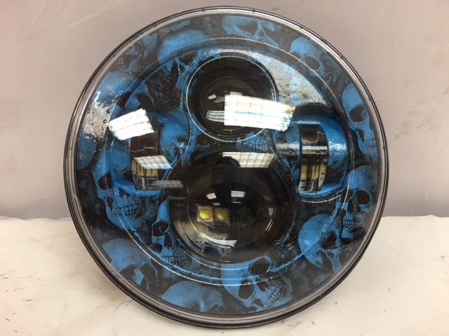 7" DAYMAKER Replacement Custom Blue Skull Design Projector HID LED Light Bulb Headlight Motorcycle Harley