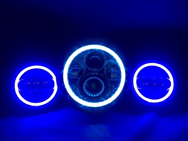 7" DAYMAKER DICEY GAMBLE DESIGN Headlight Dual 4.5" - 4 1/2" Auxiliary Spot Passing LED Fog Lights with BLUE Halo Bulb Harley SET
