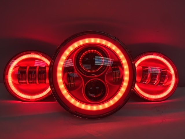 7" DAYMAKER Red With Red HALO Headlight Dual 4.5" - 4 1/2" AUX Black Spot Passing LED Fog Lights Bulb Harley SET