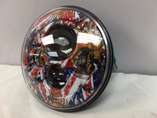 7" DAYMAKER Replacement British Skulls Design Projector HID LED Light Bulb Headlight Motorcycle Harley