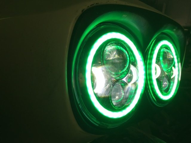 DUAL 7" DAYMAKER GREEN HALO LED Replacement ROAD GLIDE Chrome Light Bulb Headlight Motorcycle Harley Bezel