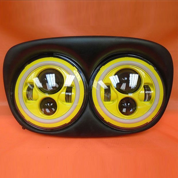 DUAL 7" YELLOW DAYMAKER YELLOW HALO LED ROAD GLIDE Black Light Bulb Headlight Motorcycle Harley Bezel