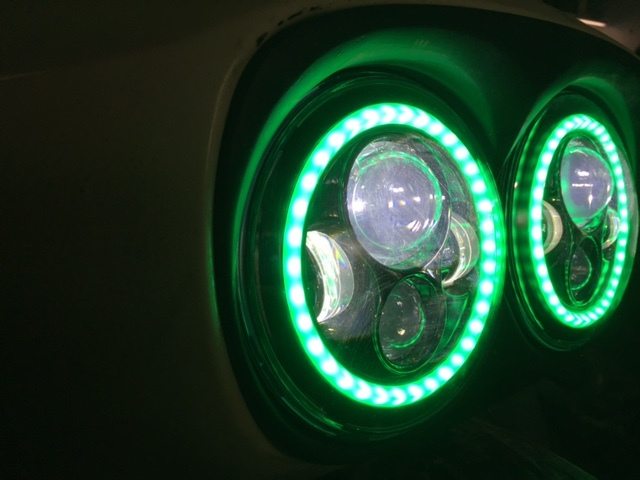 DUAL 7" DAYMAKER GREEN HALO LED Replacement ROAD GLIDE Chrome Light Bulb Headlight Motorcycle Harley Bezel
