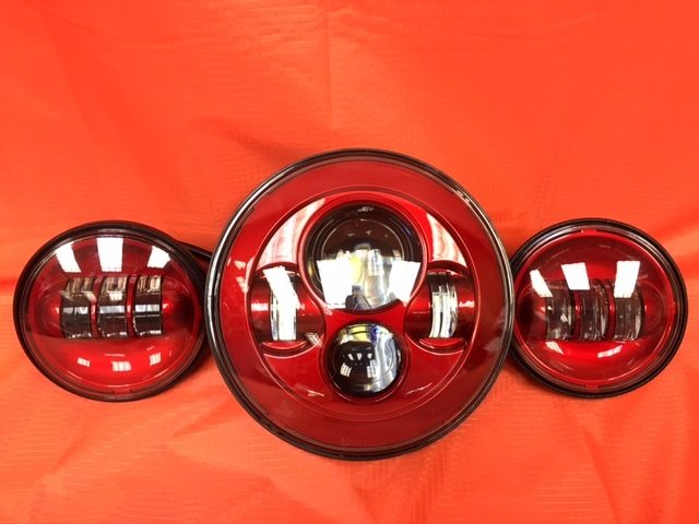 7" DAYMAKER RED Headlight Red Dual 4.5" - 4 1/2" Auxiliary AUX Spot Passing LED Fog Lights Bulb Harley SET
