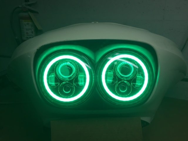 DUAL 7" DAYMAKER 2014 - 2018 GREEN HALO LED Replacement ROAD GLIDE Black Light Bulb Headlight Harley Bezel