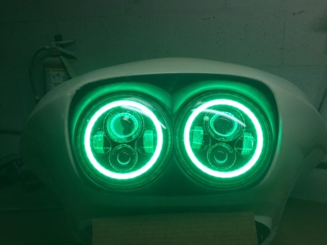 DUAL 7" DAYMAKER GREEN HALO LED Replacement ROAD GLIDE Chrome Light Bulb Headlight Motorcycle Harley Bezel