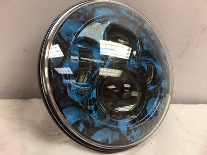 7" DAYMAKER Replacement Custom Blue Skull Design Projector HID LED Light Bulb Headlight Motorcycle Harley