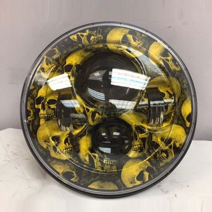 7" DAYMAKER Replacement Custom Yellow Skull Design Projector HID LED Light Bulb Headlight Motorcycle Harley
