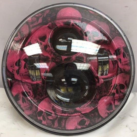 7" DAYMAKER Replacement Custom Pink Skull Design Projector HID LED Light Bulb Headlight Motorcycle Harley