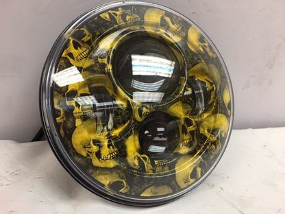 7" DAYMAKER Replacement Custom Yellow Skull Design Projector HID LED Light Bulb Headlight Motorcycle Harley