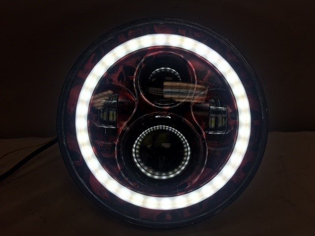7" DAYMAKER Custom Red With White Halo Skull Design Projector HID LED Light Bulb Headlight Motorcycle Harley