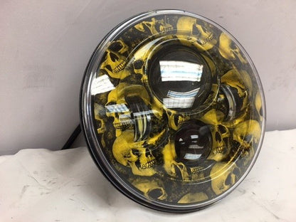 7" DAYMAKER Replacement Custom Yellow Skull Design Projector HID LED Light Bulb Headlight Motorcycle Harley