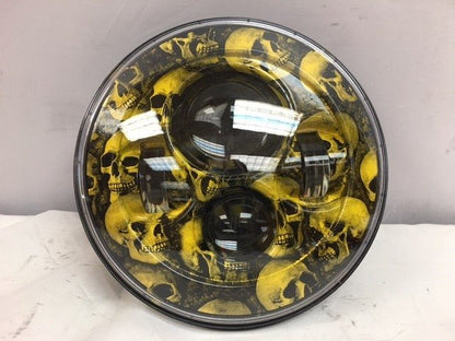 7" DAYMAKER Replacement Custom Yellow Skull Design Projector HID LED Light Bulb Headlight Motorcycle Harley