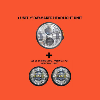 7" DAYMAKER Headlight   Dual 4.5" - 4 1/2" Auxiliary AUX Chrome Spot Passing LED Fog Lights Bulb Harley SET