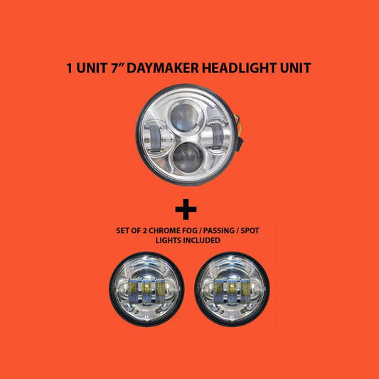 7" DAYMAKER Headlight   Dual 4.5" - 4 1/2" Auxiliary AUX Chrome Spot Passing LED Fog Lights Bulb Harley SET