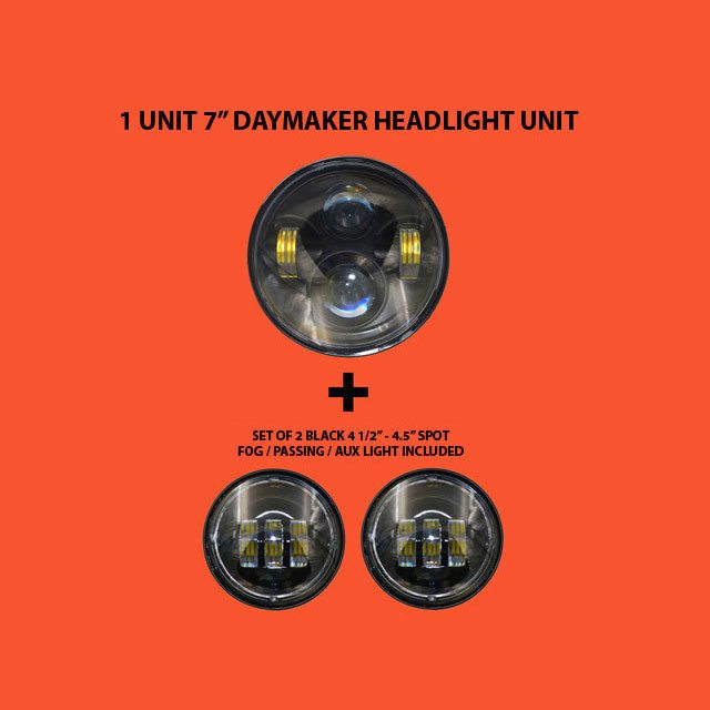 7" DAYMAKER Headlight   Dual 4.5" - 4 1/2" Auxiliary AUX Black Spot Passing LED Fog Lights Bulb Harley SET