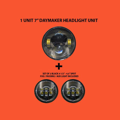7" DAYMAKER Headlight   Dual 4.5" - 4 1/2" Auxiliary AUX Black Spot Passing LED Fog Lights Bulb Harley SET