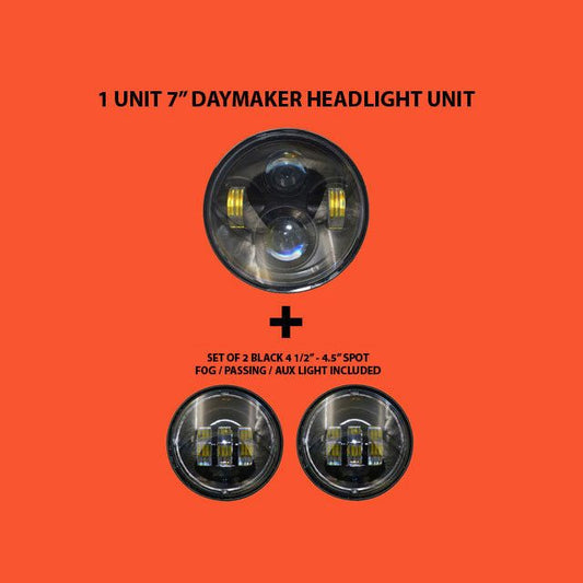 7" DAYMAKER Headlight   Dual 4.5" - 4 1/2" Auxiliary AUX Black Spot Passing LED Fog Lights Bulb Harley SET
