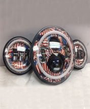 7" DAYMAKER AMERICAN FLAGS DESIGN Headlight   Dual 4.5" - 4 1/2" Auxiliary Spot Passing LED Fog Lights Red Halo Bulb Harley SET
