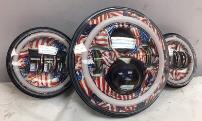 7" DAYMAKER AMERICAN FLAGS DESIGN Headlight   Dual 4.5" - 4 1/2" Auxiliary Spot Passing LED Fog Lights Red Halo Bulb Harley SET