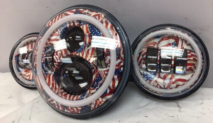 7" DAYMAKER AMERICAN FLAGS DESIGN Headlight   Dual 4.5" - 4 1/2" Auxiliary Spot Passing LED Fog Lights Red Halo Bulb Harley SET