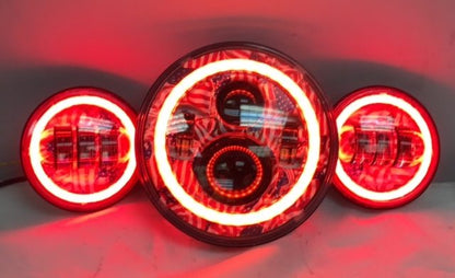 7" DAYMAKER AMERICAN FLAGS DESIGN Headlight   Dual 4.5" - 4 1/2" Auxiliary Spot Passing LED Fog Lights Red Halo Bulb Harley SET