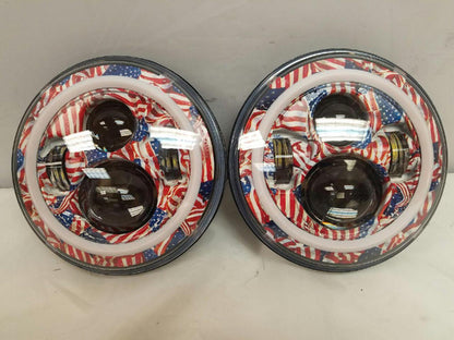 7'' AMERICANA DESIGN WITH RED HALO Suzuki Sierra Fits: Jeep Wrangler JK CJ TJ LED Rubicon Projector Daymaker Headlights Pair / Set