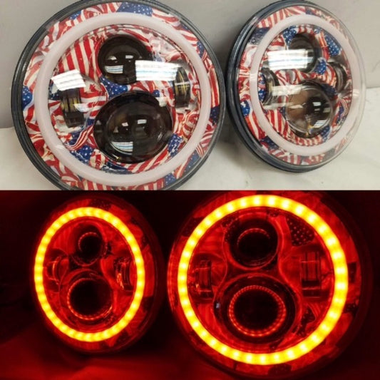 7'' AMERICANA DESIGN WITH RED HALO Suzuki Sierra Fits: Jeep Wrangler JK CJ TJ LED Rubicon Projector Daymaker Headlights Pair / Set