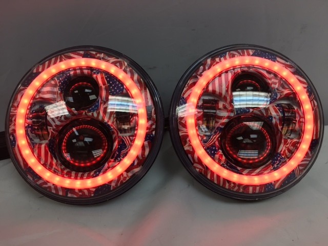 7'' AMERICANA DESIGN WITH RED HALO Suzuki Sierra Fits: Jeep Wrangler JK CJ TJ LED Rubicon Projector Daymaker Headlights Pair / Set