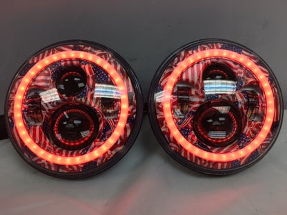 7'' AMERICANA DESIGN WITH RED HALO Suzuki Sierra Fits: Jeep Wrangler JK CJ TJ LED Rubicon Projector Daymaker Headlights Pair / Set