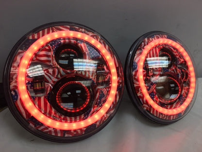 7'' AMERICANA DESIGN WITH RED HALO Suzuki Sierra Fits: Jeep Wrangler JK CJ TJ LED Rubicon Projector Daymaker Headlights Pair / Set