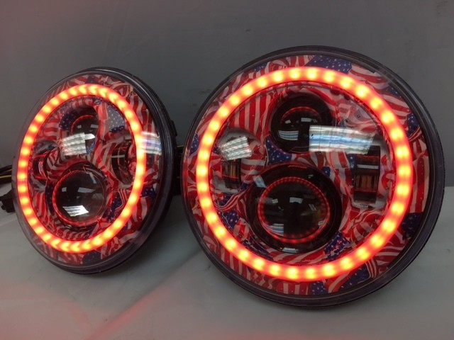 7'' AMERICANA DESIGN WITH RED HALO Suzuki Sierra Fits: Jeep Wrangler JK CJ TJ LED Rubicon Projector Daymaker Headlights Pair / Set