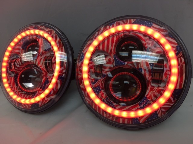 7'' AMERICANA DESIGN WITH RED HALO Suzuki Sierra Fits: Jeep Wrangler JK CJ TJ LED Rubicon Projector Daymaker Headlights Pair / Set