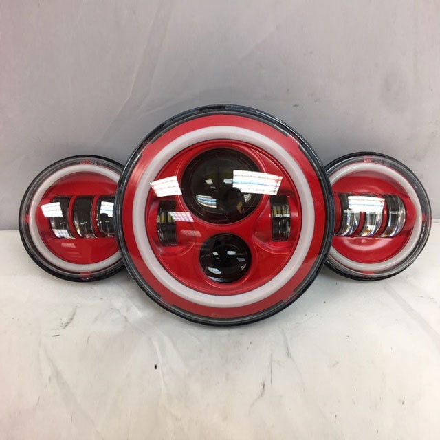 7" DAYMAKER Red With Red HALO Headlight Dual 4.5" - 4 1/2" AUX Black Spot Passing LED Fog Lights Bulb Harley SET