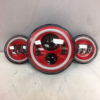7" DAYMAKER Red With Red HALO Headlight Dual 4.5" - 4 1/2" AUX Black Spot Passing LED Fog Lights Bulb Harley SET