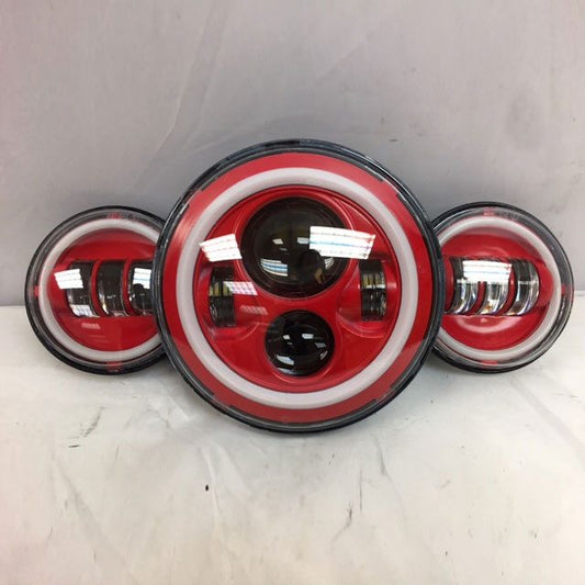 7" DAYMAKER Red With Red HALO Headlight Dual 4.5" - 4 1/2" AUX Black Spot Passing LED Fog Lights Bulb Harley SET