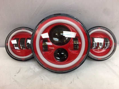 7" DAYMAKER Red With Red HALO Headlight Dual 4.5" - 4 1/2" AUX Black Spot Passing LED Fog Lights Bulb Harley SET