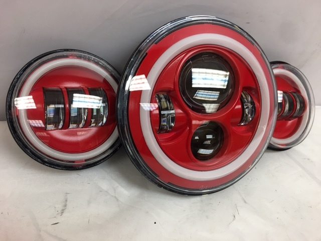7" DAYMAKER Red With Red HALO Headlight   Dual 4.5" - 4 1/2" AUX Black Spot Passing LED Fog Lights Bulb Harley SET