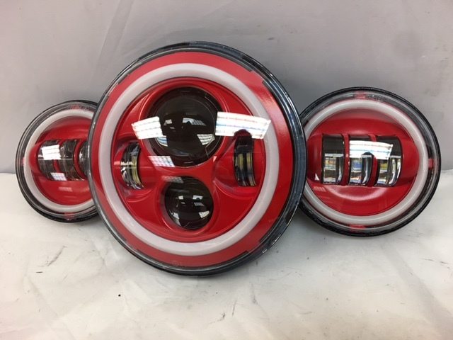 7" DAYMAKER Red With Red HALO Headlight Dual 4.5" - 4 1/2" AUX Black Spot Passing LED Fog Lights Bulb Harley SET