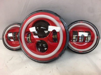 7" DAYMAKER Red With Red HALO Headlight   Dual 4.5" - 4 1/2" AUX Black Spot Passing LED Fog Lights Bulb Harley SET