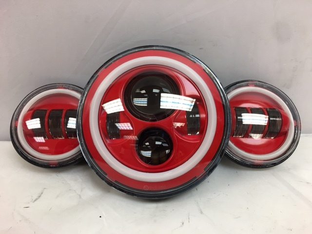 7" DAYMAKER Red With Red HALO Headlight Dual 4.5" - 4 1/2" AUX Black Spot Passing LED Fog Lights Bulb Harley SET
