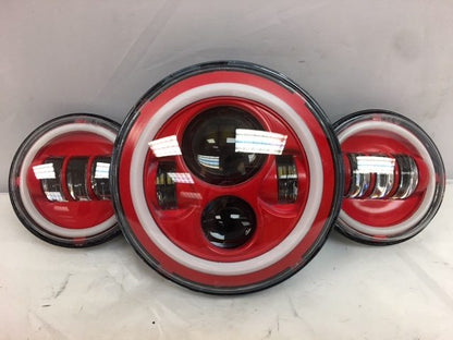 7" DAYMAKER Red With Red HALO Headlight   Dual 4.5" - 4 1/2" AUX Black Spot Passing LED Fog Lights Bulb Harley SET