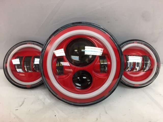 7" DAYMAKER Red With Red HALO Headlight Dual 4.5" - 4 1/2" AUX Black Spot Passing LED Fog Lights Bulb Harley SET
