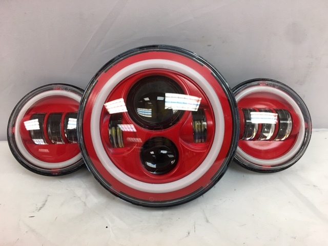 7" DAYMAKER Red With Red HALO Headlight   Dual 4.5" - 4 1/2" AUX Black Spot Passing LED Fog Lights Bulb Harley SET