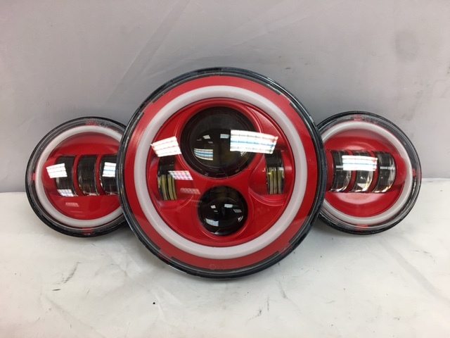 7" DAYMAKER Red With Red HALO Headlight Dual 4.5" - 4 1/2" AUX Black Spot Passing LED Fog Lights Bulb Harley SET