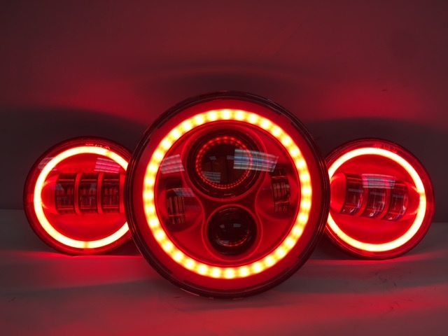 7" DAYMAKER Red With Red HALO Headlight Dual 4.5" - 4 1/2" AUX Black Spot Passing LED Fog Lights Bulb Harley SET