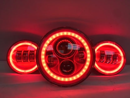 7" DAYMAKER Red With Red HALO Headlight Dual 4.5" - 4 1/2" AUX Black Spot Passing LED Fog Lights Bulb Harley SET