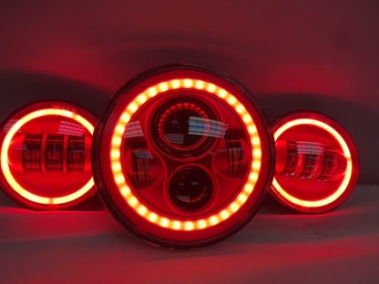 7" DAYMAKER Red With Red HALO Headlight Dual 4.5" - 4 1/2" AUX Black Spot Passing LED Fog Lights Bulb Harley SET